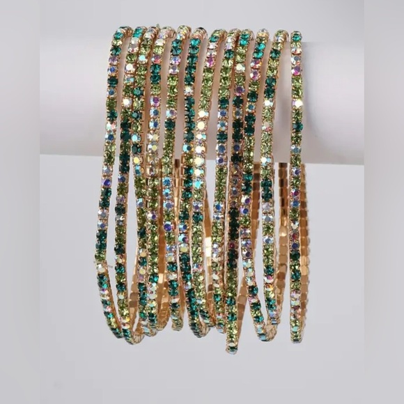 6 Individual Piece 18k Plated Rhinestone Stretch Boho Bracelet Stack Set - Bling - Picture 2 of 3